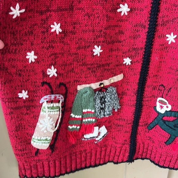 Vtg Coldwater Creek Cotton Ramie Zip Up Winter Themed Cardigan Red Novelty - Picture 2 of 13